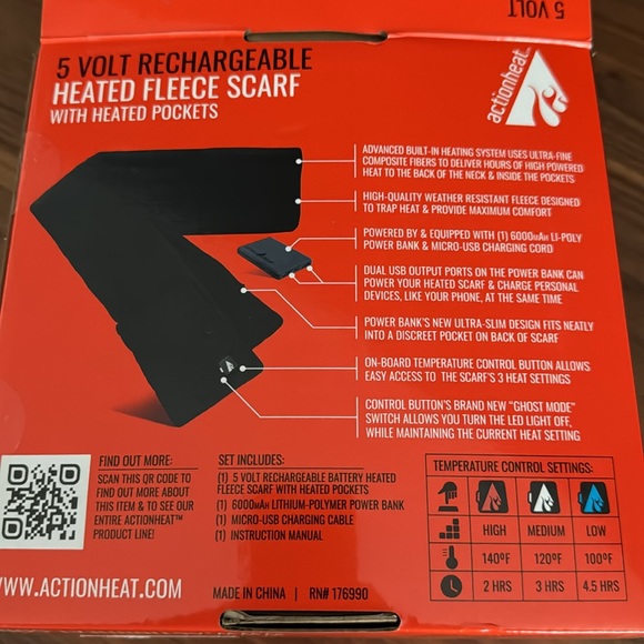 New Rechargeable heated fleece winter scarf, red wine - Picture 4 of 5